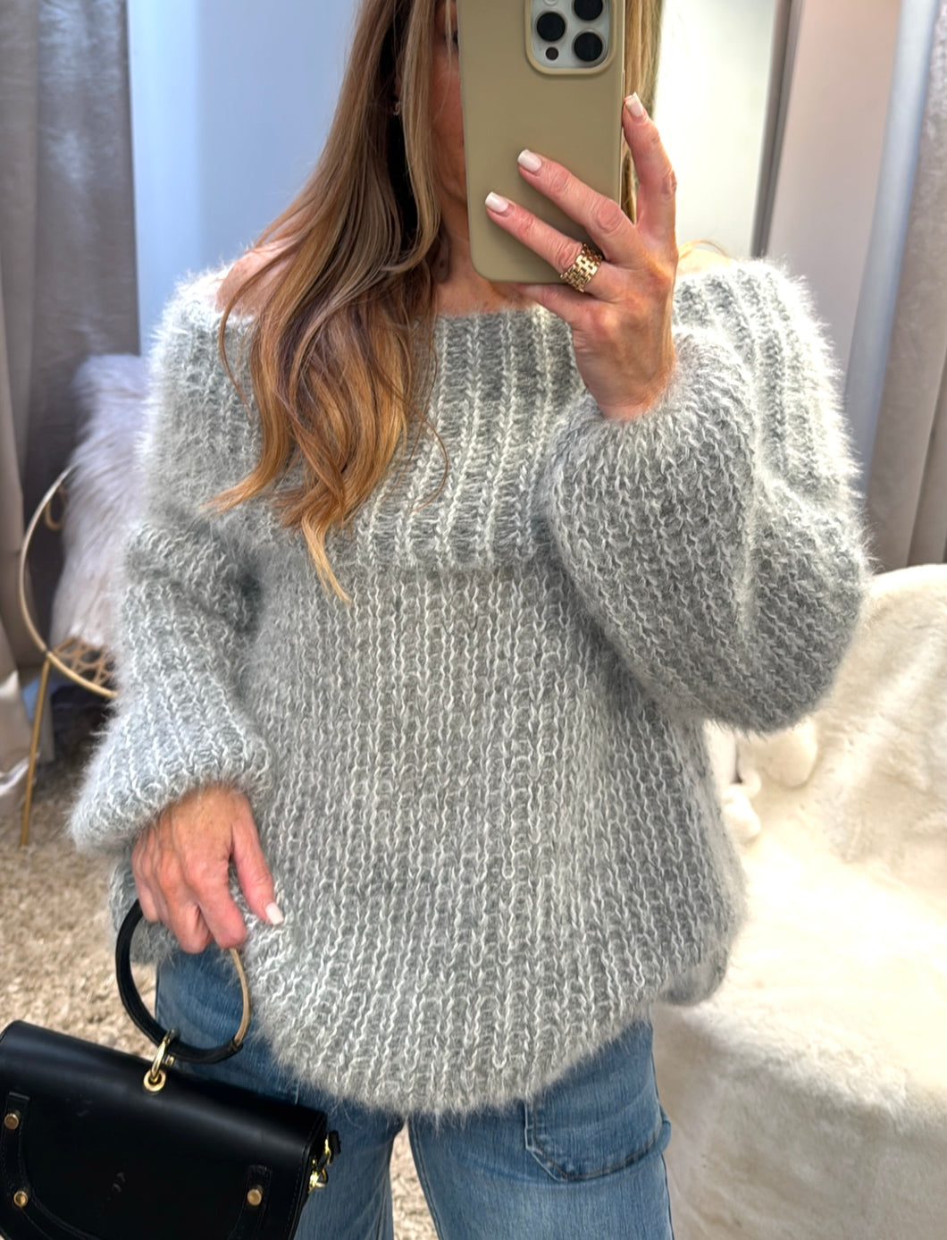 Off Shoulder Fluffy Jumper-Grey – Noosa Boutique