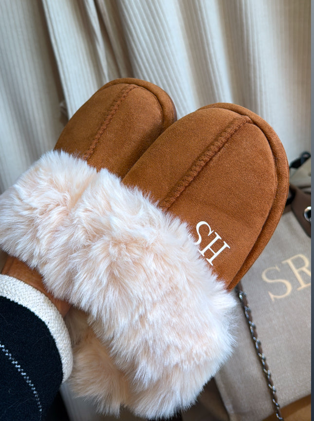 Personalised Soft Faux Fur Slippers-Chestnut