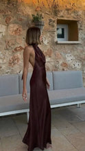 Load image into Gallery viewer, Brown satin halter neck dress