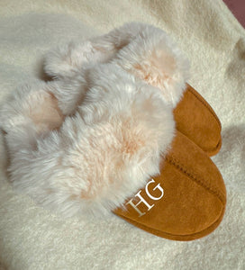 Personalised Soft Faux Fur Slippers-Chestnut