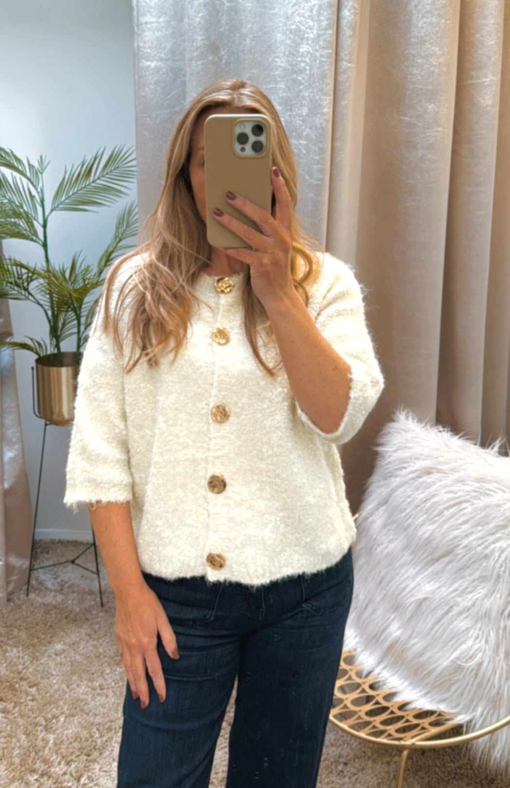 Cream Fluffy 3/4 Sleeve Knit