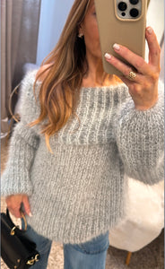 Off Shoulder Fluffy Jumper-Grey