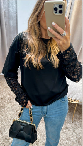 Lace Arm T-Shirt-Black