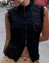 Load image into Gallery viewer, Black lace mandarin collar top