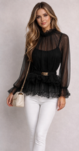 Load image into Gallery viewer, 3 piece Black mesh ruffle blouse