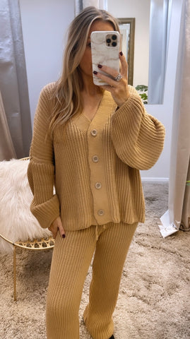 2 Piece Knitted Cardigan Set-Caramel