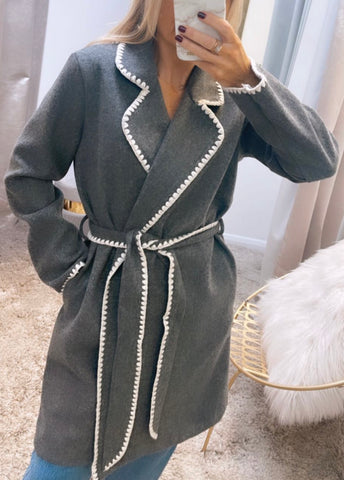 3/4 Length Crossover Belted Coat-Grey