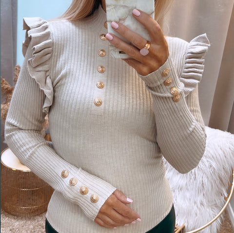 Gold Button Frill Jumper-Oatmeal