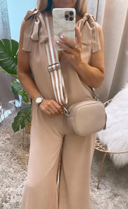 All In One Bow Shoulder Jumpsuit - Beige