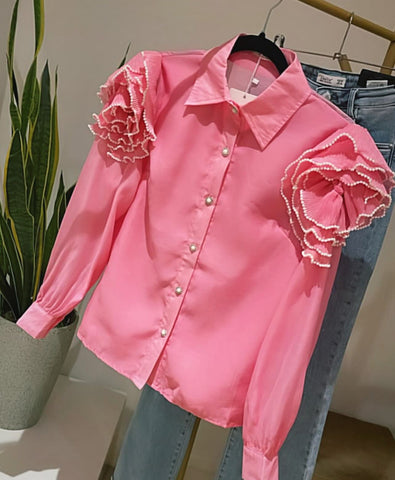 Pearl Flower Corsage Sleeve Shirt- Pink