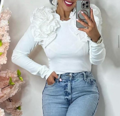 Ruffle Shoulder Fitted Top White