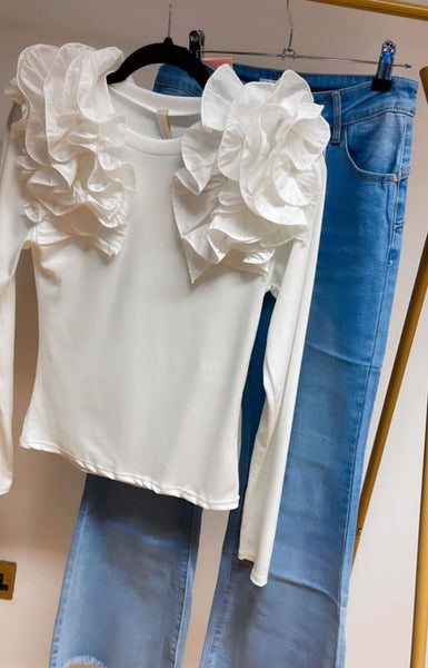 Ruffle Shoulder Fitted Top White