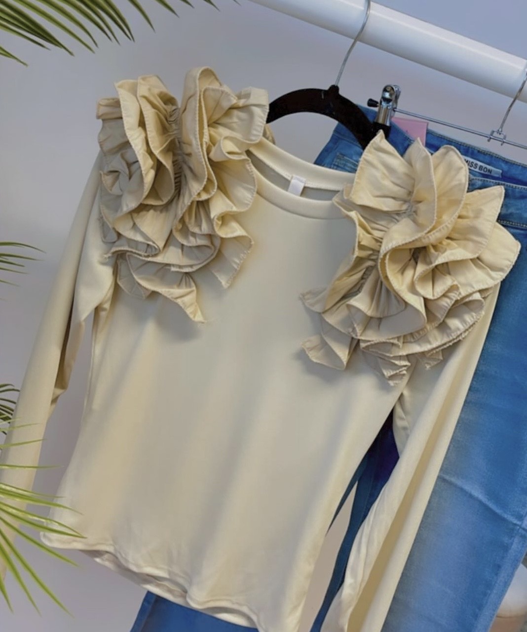 Ruffle Shoulder Fitted Top Beige