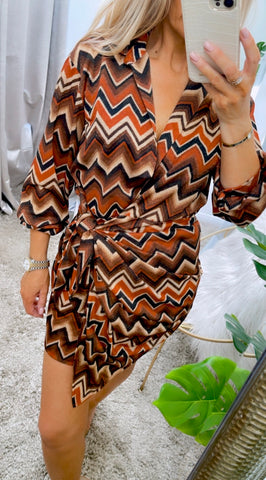 Tie Front Zig Zag Wrap Dress-Brown