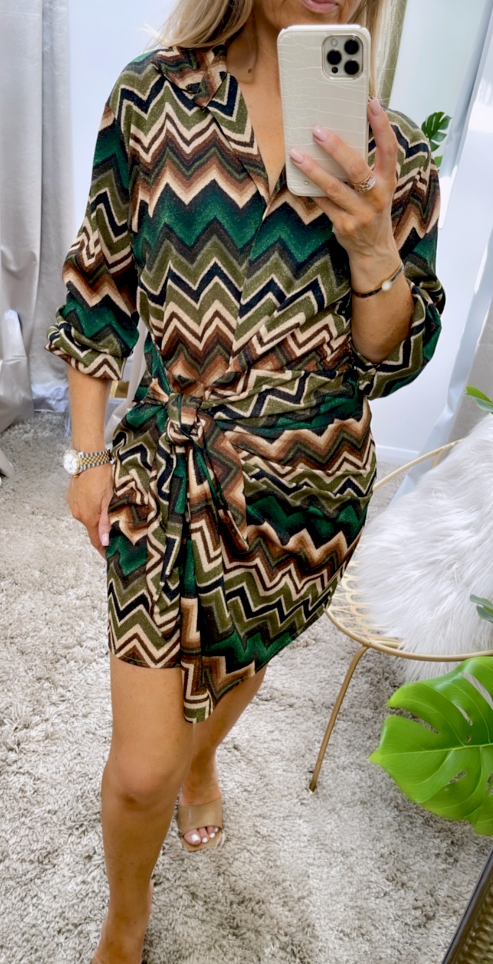 Tie Front Zig Zag Wrap Dress-Green