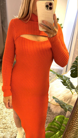 Fitted Cutout Sweater Dress Orange